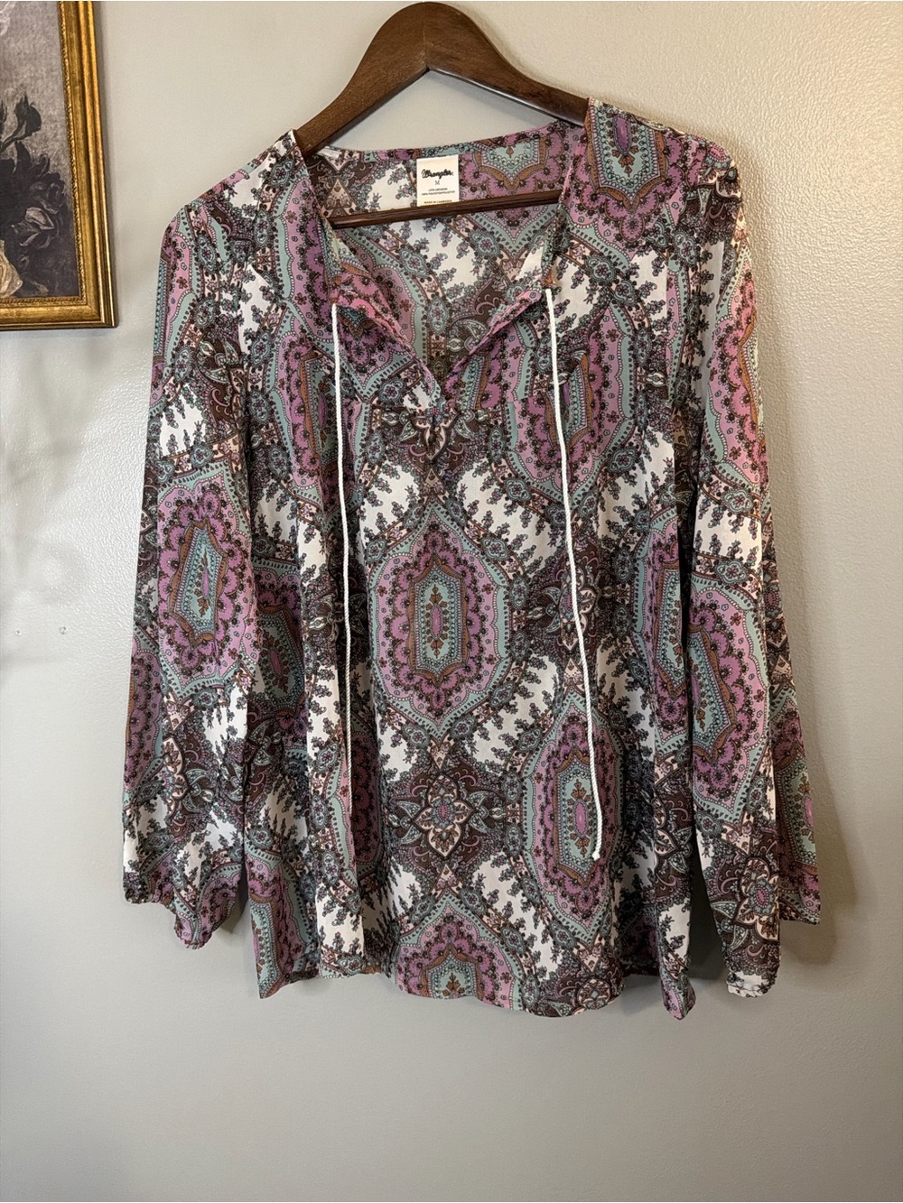 Wrangler Paisley Peasant Blouse Medium Boho Western Tie Neck Long Sleeve - Picture 3 of 12